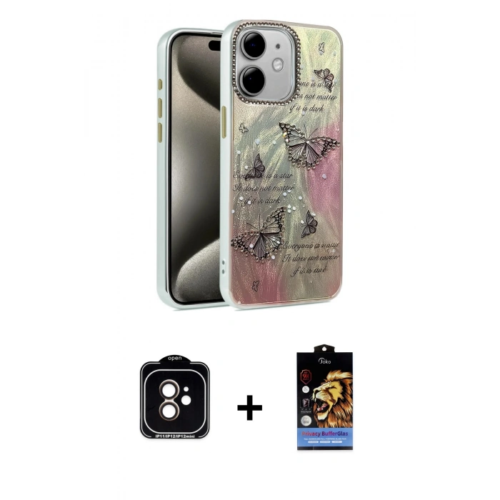 MARSİLYAN™- iPhone 11 Kılıf Zirve Modern Prime - Siyah Buffer Hayalet Cam Ekran Koruyucu + Turuncu PVD Metal Kamera Lens