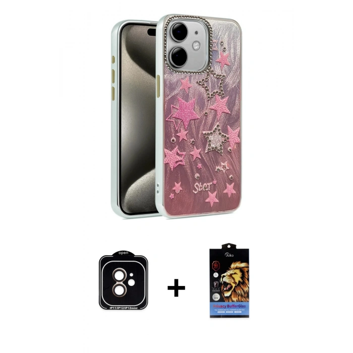 MARSİLYAN™- iPhone 11 Kılıf Zirve Modern Prime - Siyah Buffer Hayalet Cam Ekran Koruyucu + Turuncu PVD Metal Kamera Lens