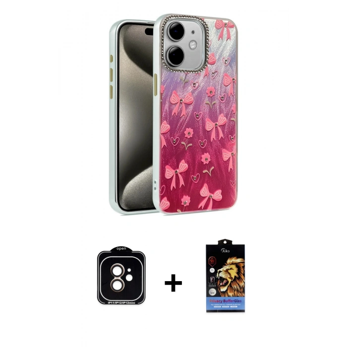 MARSİLYAN™- iPhone 11 Kılıf Zirve Modern Prime - Siyah Buffer Hayalet Cam Ekran Koruyucu + Turuncu PVD Metal Kamera Lens