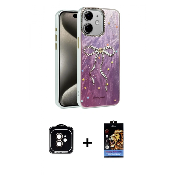 MARSİLYAN™- iPhone 11 Kılıf Zirve Modern Prime - Siyah Buffer Hayalet Cam Ekran Koruyucu + Turuncu PVD Metal Kamera Lens