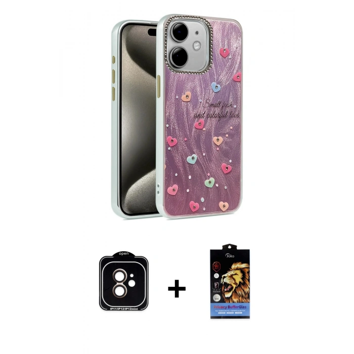 MARSİLYAN™- iPhone 11 Kılıf Zirve Modern Prime - Siyah Buffer Hayalet Cam Ekran Koruyucu + Turuncu PVD Metal Kamera Lens