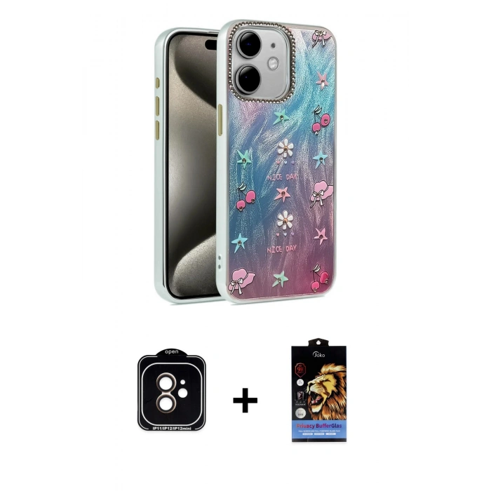 MARSİLYAN™- iPhone 11 Kılıf Zirve Modern Prime - Siyah Buffer Hayalet Cam Ekran Koruyucu + Turuncu PVD Metal Kamera Lens