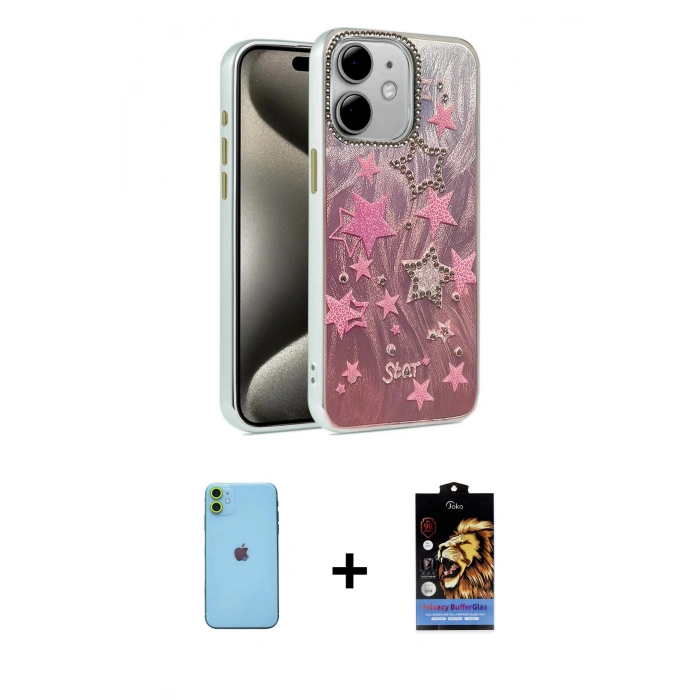 MARSİLYAN™- iPhone 11 Kılıf Zirve Modern Prime - Siyah Buffer Hayalet Cam Ekran Koruyucu + Neon Fosforlu Kamera Lens - YL