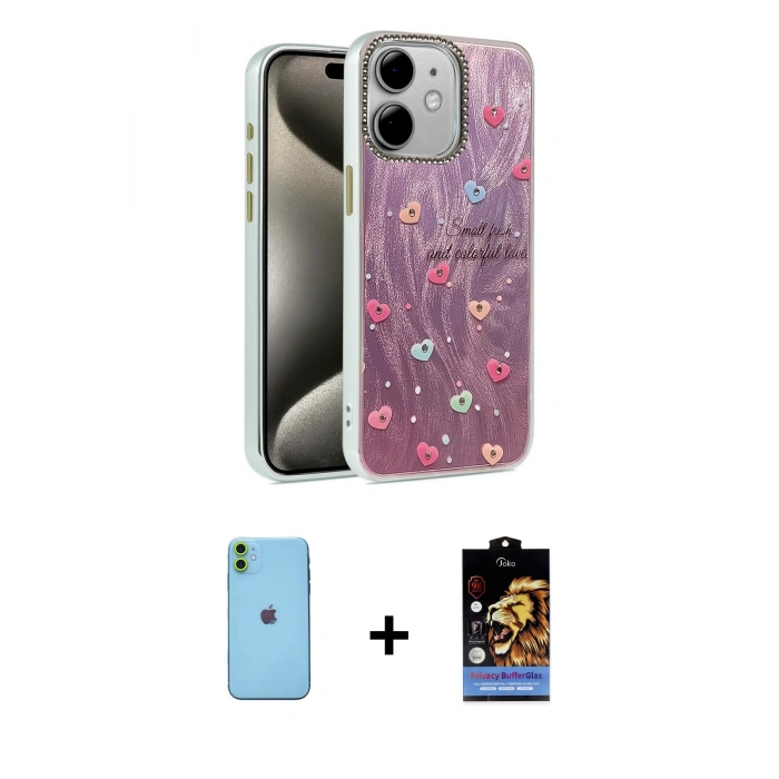MARSİLYAN™- iPhone 11 Kılıf Zirve Modern Prime - Siyah Buffer Hayalet Cam Ekran Koruyucu + Neon Fosforlu Kamera Lens - YL