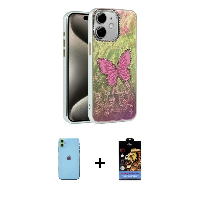 MARSİLYAN™- iPhone 11 Kılıf Zirve Modern Prime - Siyah Buffer Hayalet Cam Ekran Koruyucu + Neon Fosforlu Kamera Lens - YL