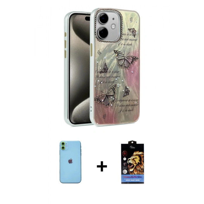 MARSİLYAN™- iPhone 11 Kılıf Zirve Modern Prime - Siyah Buffer Hayalet Cam Ekran Koruyucu + Neon Fosforlu Kamera Lens - YL