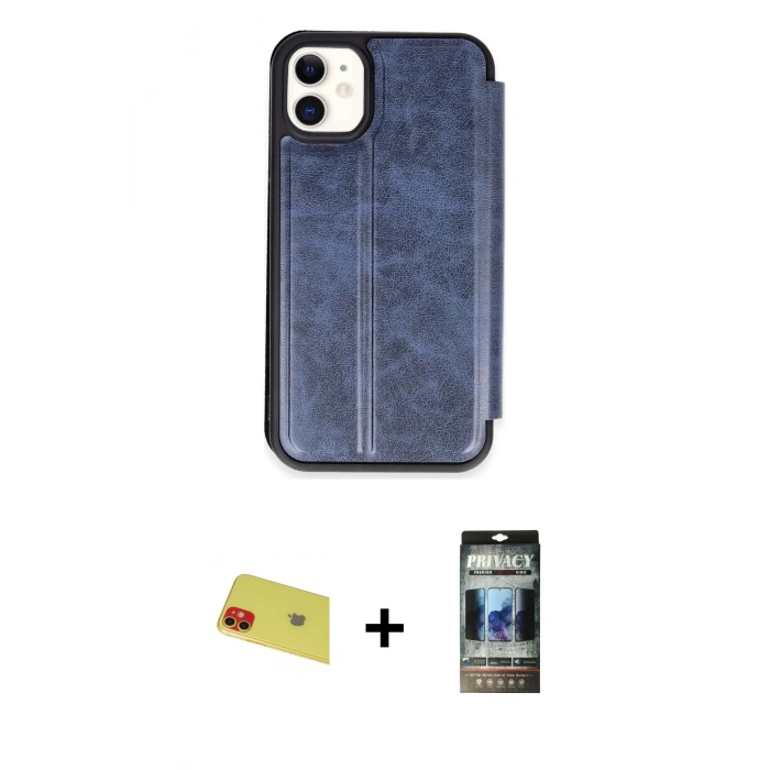 MARSİLYAN™- iPhone 11 Kılıf Zirve Yansıma Serisi - Siyah 34D Hayalet Izgaralı Cam + Rainbow Kamera Lens Koruma Cam - KI