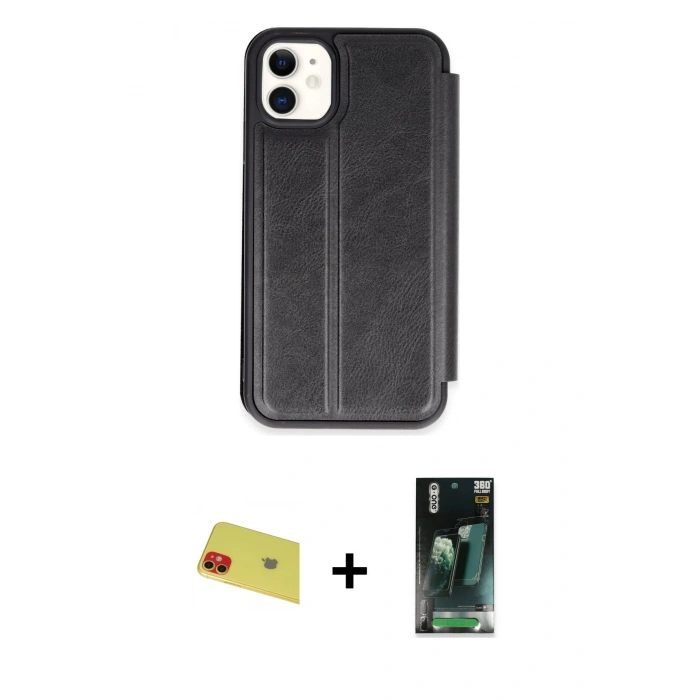 MARSİLYAN™- iPhone 11 Kılıf Zirve Yansıma Serisi - Siyah 360 Mat Full Body Arka Koruyucu + Rainbow Kamera Lens Koruma Cam - KI