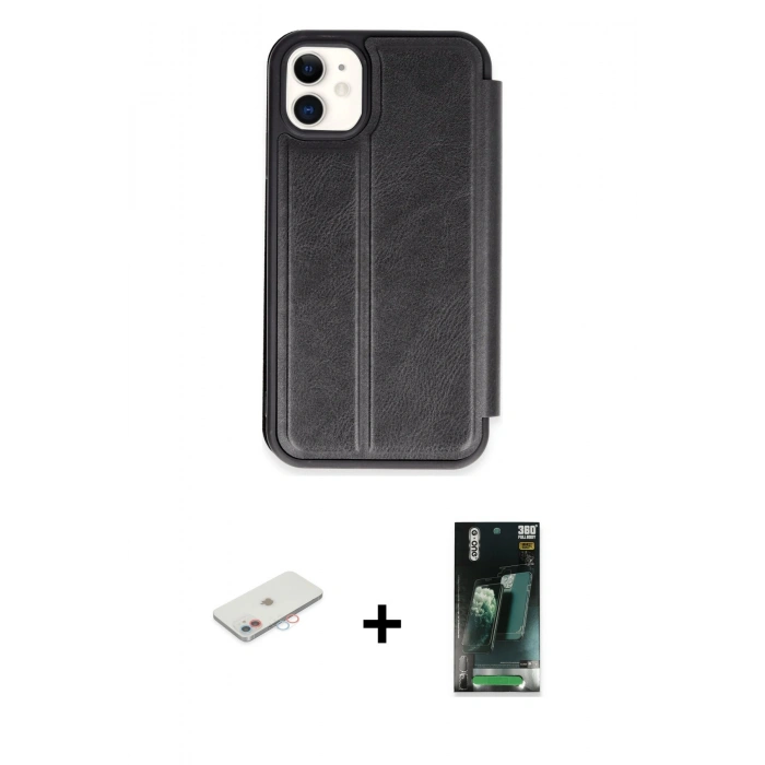 MARSİLYAN™- iPhone 11 Kılıf Zirve Yansıma Serisi - Siyah 360 Mat Full Body Arka Koruyucu + Renkli Kamera Lens Koruma Cam - PE