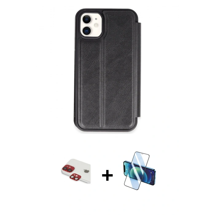 MARSİLYAN™- iPhone 11 Kılıf Zirve Yansıma Serisi - Siyah 3D Antistatik Cam Ekran Koruyucu + Pers Alüminyum Kamera Lens - KI