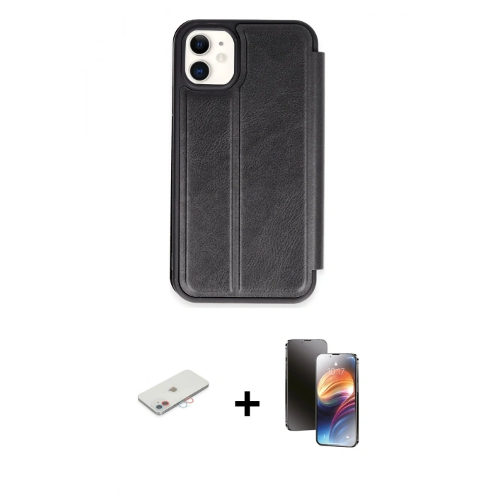 MARSİLYAN™- iPhone 11 Kılıf Zirve Yansıma Serisi - Siyah 3D Antistatik Mat Seramik Nano Ekran Koruyucu + Renkli Kamera Lens Koruma Cam - PE