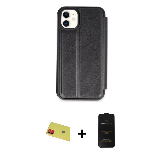 MARSİLYAN™- iPhone 11 Kılıf Zirve Yansıma Serisi - Siyah 6D Antistatik Mat Seramik Hayalet Nano Ekran Koruyucu + Rainbow Kamera Lens Koruma Cam - KI