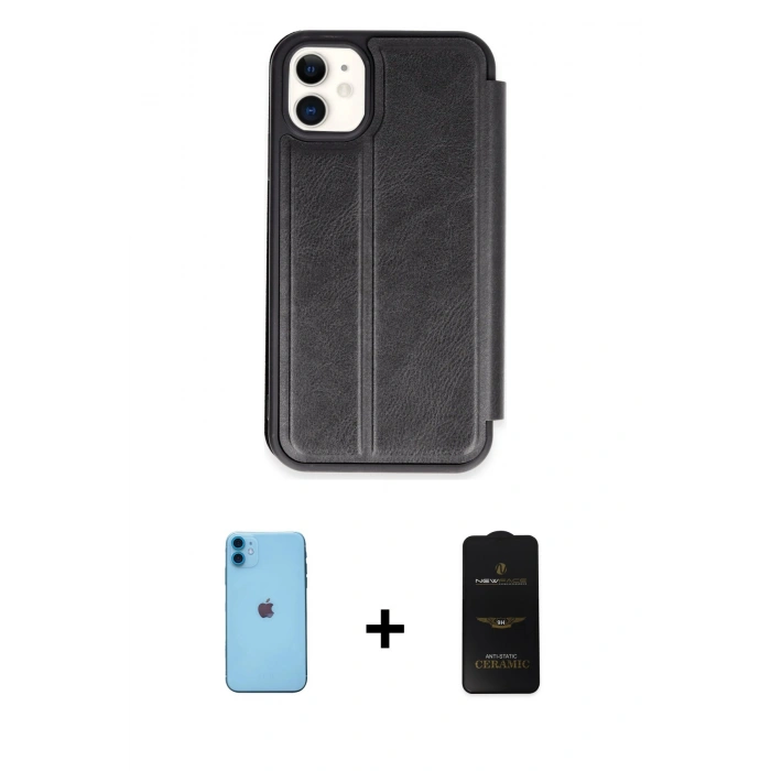 MARSİLYAN™- iPhone 11 Kılıf Zirve Yansıma Serisi - Siyah 6D Antistatik Mat Seramik Hayalet Nano Ekran Koruyucu + Neon Fosforlu Kamera Lens - MI