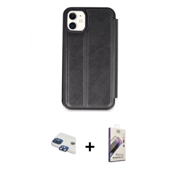 MARSİLYAN™- iPhone 11 Kılıf Zirve Yansıma Serisi - Siyah Bilvis 3D Mat Cam Ekran Koruyucu + Pers Alüminyum Kamera Lens - LT