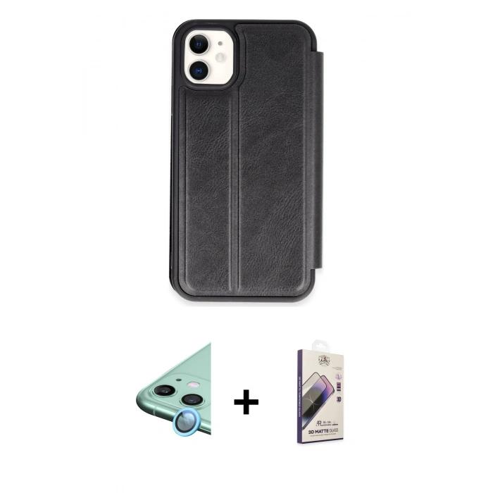 MARSİLYAN™- iPhone 11 Kılıf Zirve Yansıma Serisi - Siyah Bilvis 3D Mat Cam Ekran Koruyucu + Raze Metal Kamera Lens - MI