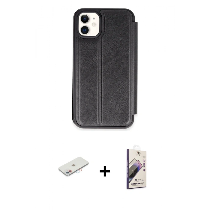 MARSİLYAN™- iPhone 11 Kılıf Zirve Yansıma Serisi - Siyah Bilvis 3D Mat Cam Ekran Koruyucu + Renkli Kamera Lens Koruma Cam - PE