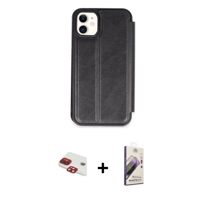MARSİLYAN™- iPhone 11 Kılıf Zirve Yansıma Serisi - Siyah Bilvis 3D Mat Cam Ekran Koruyucu + Pers Alüminyum Kamera Lens - KI