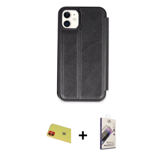 MARSİLYAN™- iPhone 11 Kılıf Zirve Yansıma Serisi - Siyah Bilvis 3D Mat Cam Ekran Koruyucu + Rainbow Kamera Lens Koruma Cam - KI