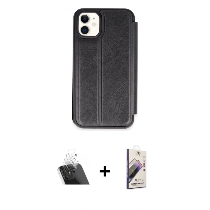 MARSİLYAN™- iPhone 11 Kılıf Zirve Yansıma Serisi - Siyah Bilvis 3D Mat Cam Ekran Koruyucu + Kamera Lens Koruma Cam - SF