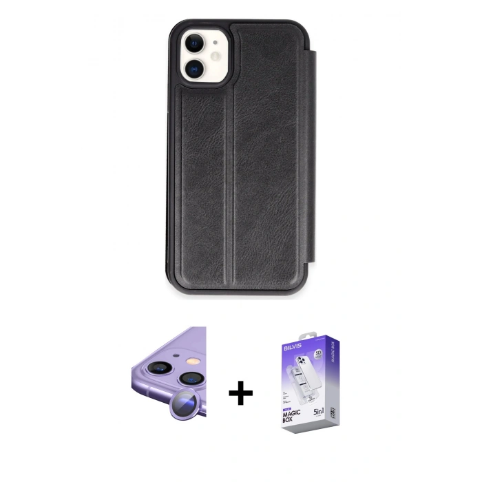 MARSİLYAN™- iPhone 11 Kılıf Zirve Yansıma Serisi - Siyah Bilvis 5in1 3D Magic Cam Ekran Koruyucu + Raze Metal Kamera Lens - MR