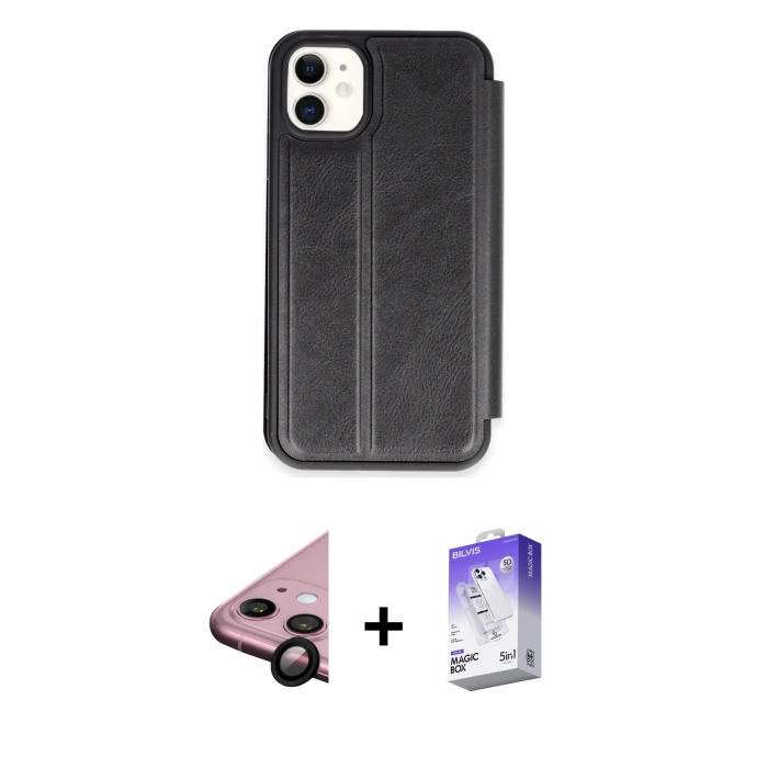MARSİLYAN™- iPhone 11 Kılıf Zirve Yansıma Serisi - Siyah Bilvis 5in1 3D Magic Cam Ekran Koruyucu + Siyah Raze Metal Kamera Lens