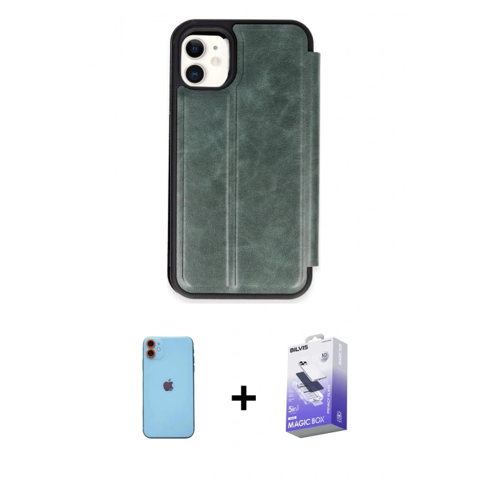 MARSİLYAN™- iPhone 11 Kılıf Zirve Yansıma Serisi - Siyah Bilvis 5in1 5D Magic Hayalet Cam Ekran Koruyucu + Neon Fosforlu Kamera Lens - TU