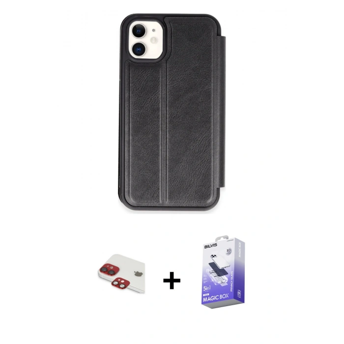 MARSİLYAN™- iPhone 11 Kılıf Zirve Yansıma Serisi - Siyah Bilvis 5in1 5D Magic Hayalet Cam Ekran Koruyucu + Pers Alüminyum Kamera Lens - KI