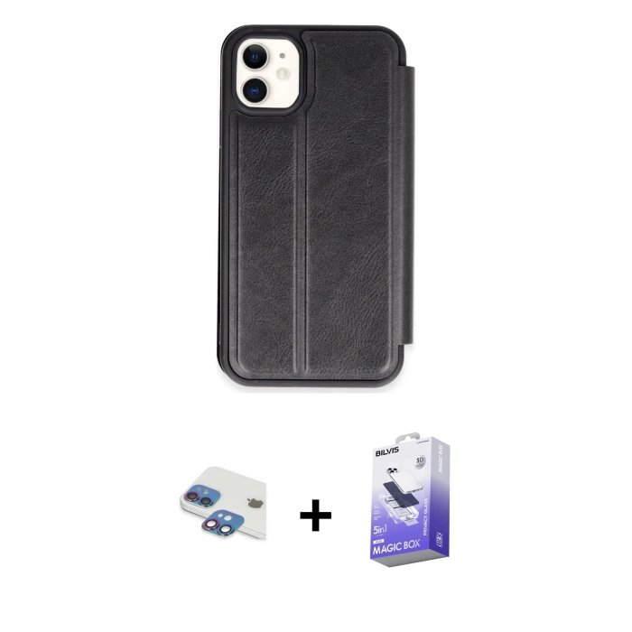 MARSİLYAN™- iPhone 11 Kılıf Zirve Yansıma Serisi - Siyah Bilvis 5in1 5D Magic Hayalet Cam Ekran Koruyucu + Pers Alüminyum Kamera Lens - GI