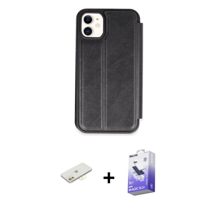MARSİLYAN™- iPhone 11 Kılıf Zirve Yansıma Serisi - Siyah Bilvis 5in1 5D Magic Hayalet Cam Ekran Koruyucu + Renkli Kamera Lens Koruma Cam - SI