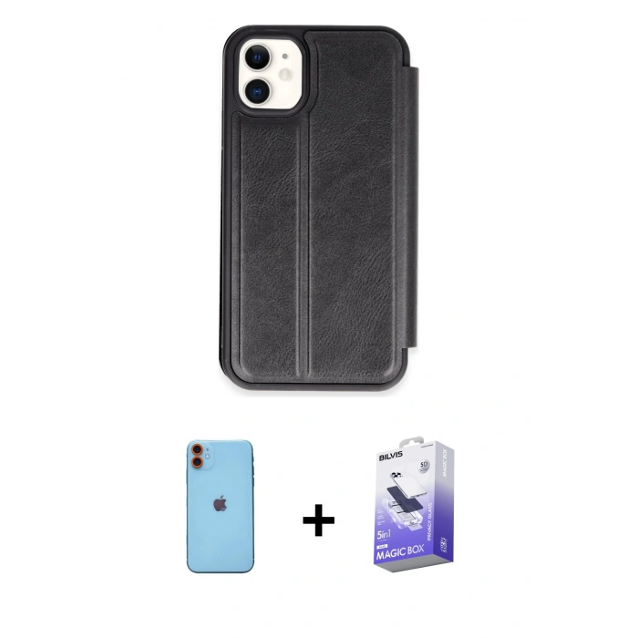 MARSİLYAN™- iPhone 11 Kılıf Zirve Yansıma Serisi - Siyah Bilvis 5in1 5D Magic Hayalet Cam Ekran Koruyucu + Neon Fosforlu Kamera Lens - TU