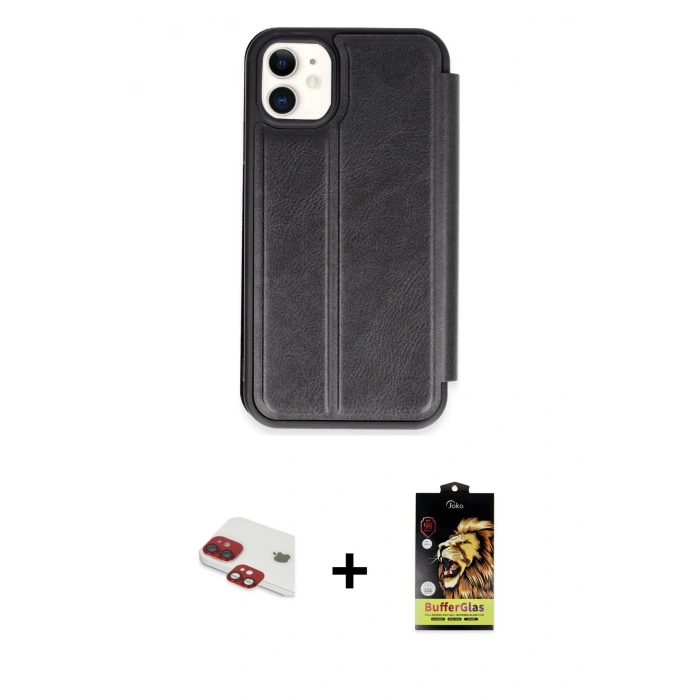 MARSİLYAN™- iPhone 11 Kılıf Zirve Yansıma Serisi - Siyah Buffer Cam Ekran Koruyucu + Pers Alüminyum Kamera Lens - KI