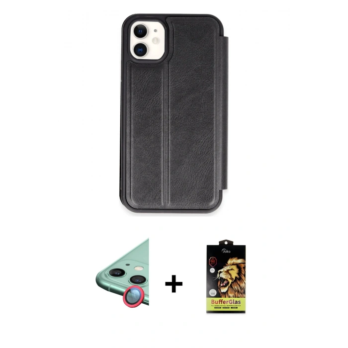 MARSİLYAN™- iPhone 11 Kılıf Zirve Yansıma Serisi - Siyah Buffer Cam Ekran Koruyucu + Raze Metal Kamera Lens - KI