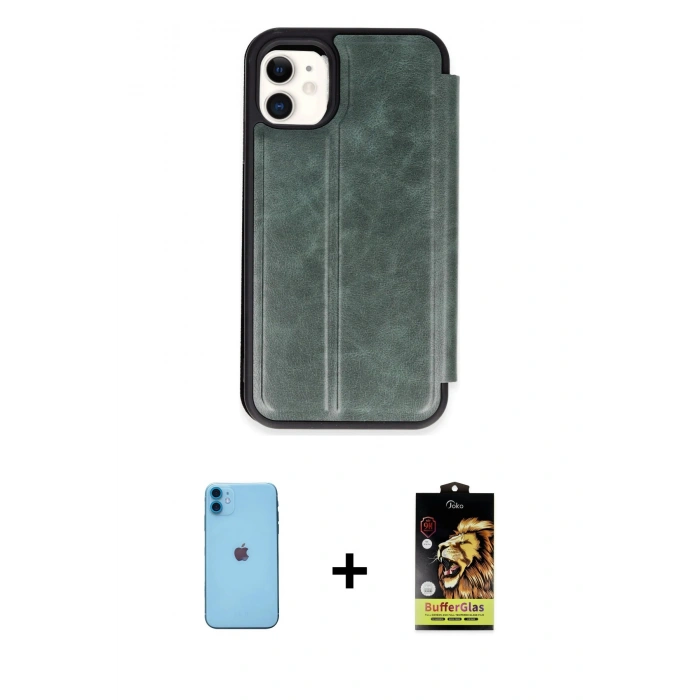 MARSİLYAN™- iPhone 11 Kılıf Zirve Yansıma Serisi - Siyah Buffer Cam Ekran Koruyucu + Mavi Neon Fosforlu Kamera Lens