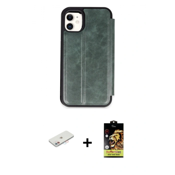 MARSİLYAN™- iPhone 11 Kılıf Zirve Yansıma Serisi - Siyah Buffer Cam Ekran Koruyucu + Renkli Kamera Lens Koruma Cam - PE