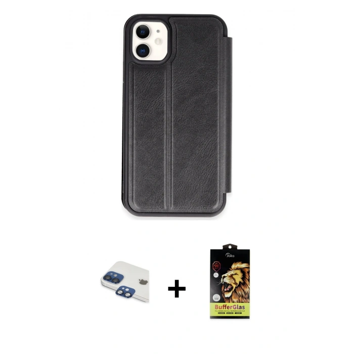 MARSİLYAN™- iPhone 11 Kılıf Zirve Yansıma Serisi - Siyah Buffer Cam Ekran Koruyucu + Pers Alüminyum Kamera Lens - LT