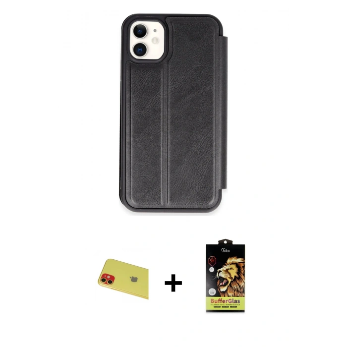 MARSİLYAN™- iPhone 11 Kılıf Zirve Yansıma Serisi - Siyah Buffer Cam Ekran Koruyucu + Rainbow Kamera Lens Koruma Cam - KI
