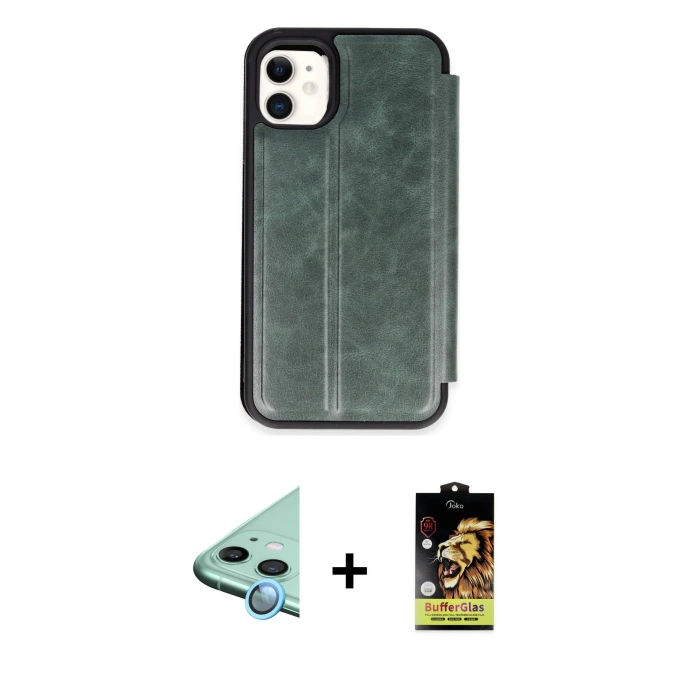 MARSİLYAN™- iPhone 11 Kılıf Zirve Yansıma Serisi - Siyah Buffer Cam Ekran Koruyucu + Raze Metal Kamera Lens - MI