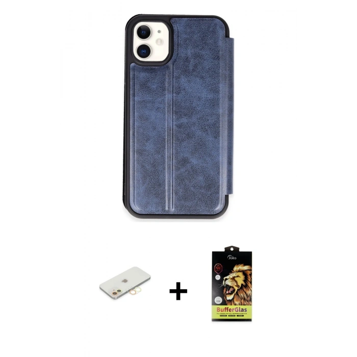 MARSİLYAN™- iPhone 11 Kılıf Zirve Yansıma Serisi - Siyah Buffer Cam Ekran Koruyucu + Renkli Kamera Lens Koruma Cam - SI