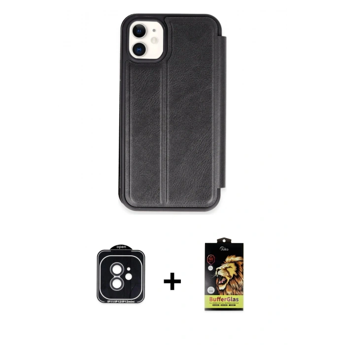 MARSİLYAN™- iPhone 11 Kılıf Zirve Yansıma Serisi - Siyah Buffer Cam Ekran Koruyucu + PVD Metal Kamera Lens - SH