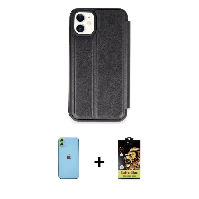 MARSİLYAN™- iPhone 11 Kılıf Zirve Yansıma Serisi - Siyah Buffer Cam Ekran Koruyucu + Neon Fosforlu Kamera Lens - YL