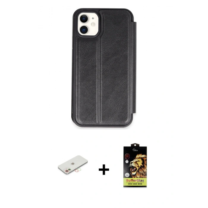MARSİLYAN™- iPhone 11 Kılıf Zirve Yansıma Serisi - Siyah Buffer Cam Ekran Koruyucu + Renkli Kamera Lens Koruma Cam - YL