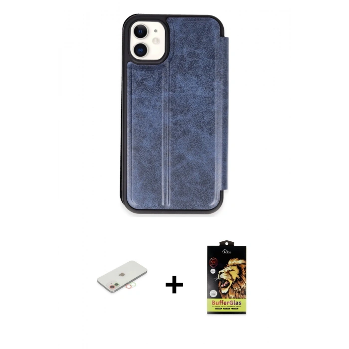 MARSİLYAN™- iPhone 11 Kılıf Zirve Yansıma Serisi - Siyah Buffer Cam Ekran Koruyucu + Renkli Kamera Lens Koruma Cam - YL