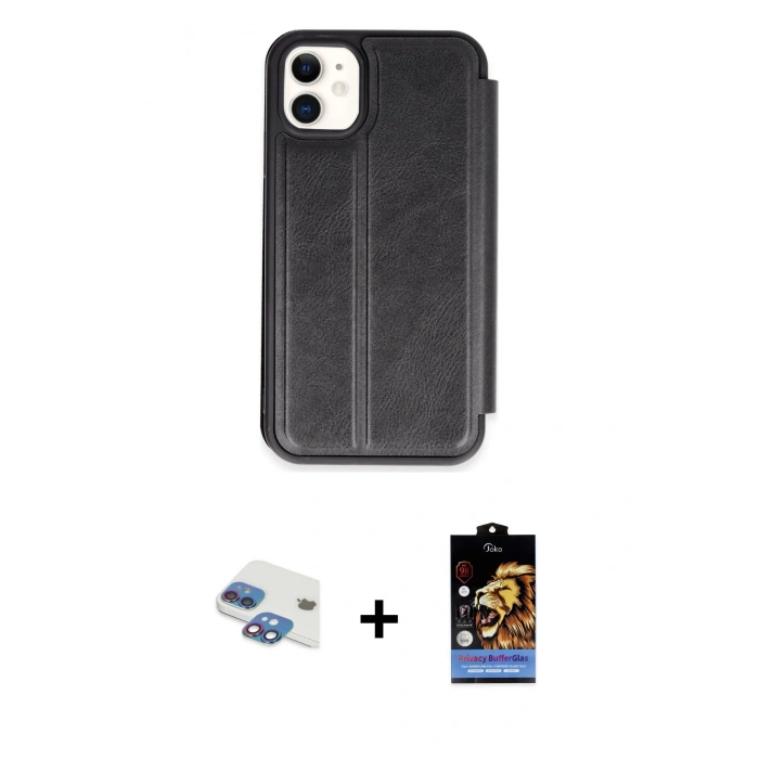 MARSİLYAN™- iPhone 11 Kılıf Zirve Yansıma Serisi - Siyah Buffer Hayalet Cam Ekran Koruyucu + Pers Alüminyum Kamera Lens - GI