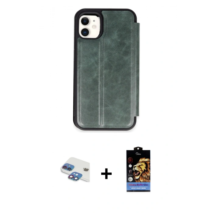 MARSİLYAN™- iPhone 11 Kılıf Zirve Yansıma Serisi - Siyah Buffer Hayalet Cam Ekran Koruyucu + Pers Alüminyum Kamera Lens - GI