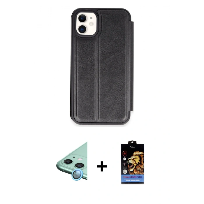 MARSİLYAN™- iPhone 11 Kılıf Zirve Yansıma Serisi - Siyah Buffer Hayalet Cam Ekran Koruyucu + Raze Metal Kamera Lens - MI