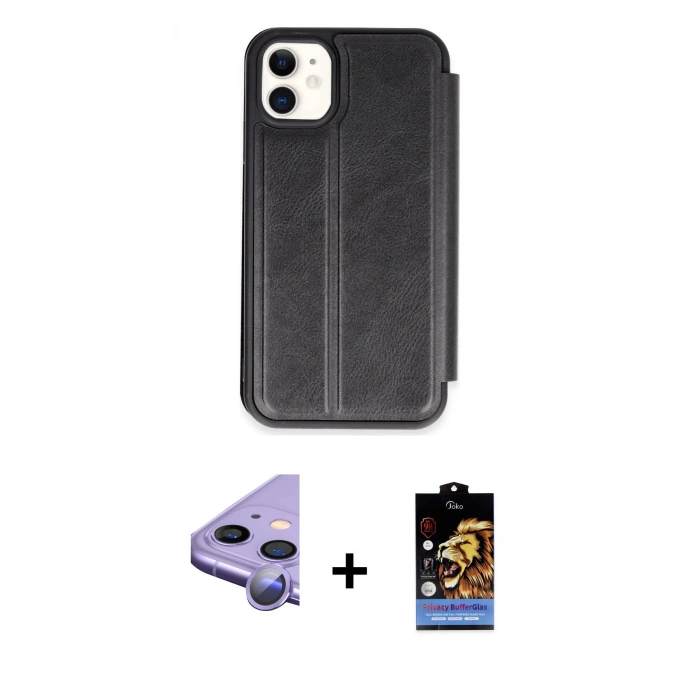 MARSİLYAN™- iPhone 11 Kılıf Zirve Yansıma Serisi - Siyah Buffer Hayalet Cam Ekran Koruyucu + Raze Metal Kamera Lens - MR