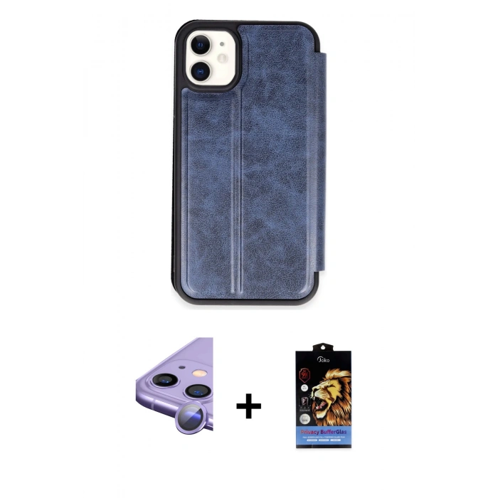 MARSİLYAN™- iPhone 11 Kılıf Zirve Yansıma Serisi - Siyah Buffer Hayalet Cam Ekran Koruyucu + Raze Metal Kamera Lens - MR