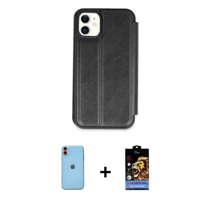 MARSİLYAN™- iPhone 11 Kılıf Zirve Yansıma Serisi - Siyah Buffer Hayalet Cam Ekran Koruyucu + Neon Fosforlu Kamera Lens - TU