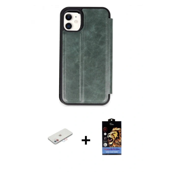 MARSİLYAN™- iPhone 11 Kılıf Zirve Yansıma Serisi - Siyah Buffer Hayalet Cam Ekran Koruyucu + Renkli Kamera Lens Koruma Cam - PE