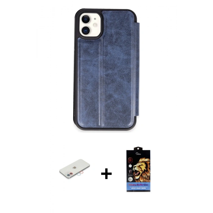 MARSİLYAN™- iPhone 11 Kılıf Zirve Yansıma Serisi - Siyah Buffer Hayalet Cam Ekran Koruyucu + Renkli Kamera Lens Koruma Cam - PE